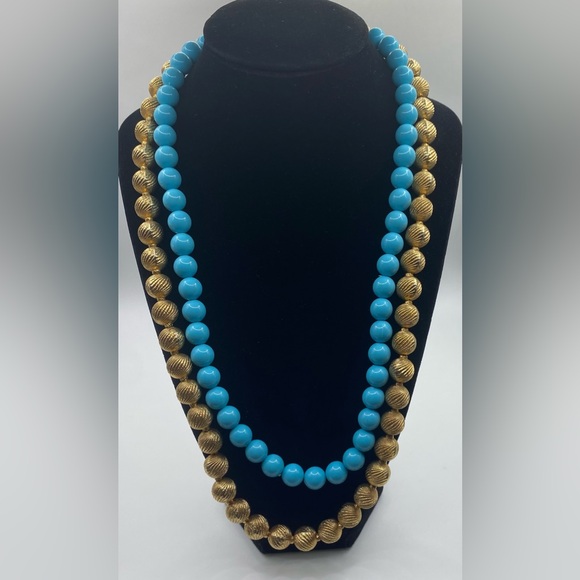 Coro Pegasus Turquoise and Burnished Gold Tone Double Strand Necklace Vintage - Picture 9 of 11